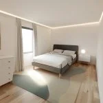 A bedroom with an accent color, featuring wooden floors and a soft blue rug under the bed. The room includes a white chest of drawers on one side, grey curtains at a large window on another wall, a modern black frame for the headboard, and a colorful painting above it. A small nightstand is placed near the bedside table. Bright LED lights hang from the ceiling. Rendered in Blender software, capturing the natural light coming through the windows. --ar 101:80 --style raw --profile d7lhgju --dref https://s.mj.run/5q3zpLYt99E --stylize 350 --v 6.1 Job ID: 0c4e0557-25b2-43ef-90e0-e965f05aefe6