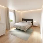 A bedroom with an accent color, featuring wooden floors and a soft blue rug under the bed. The room includes a white chest of drawers on one side, grey curtains at a large window on another wall, a modern black frame for the headboard, and a colorful painting above it. A small nightstand is placed near the bedside table. Bright LED lights hang from the ceiling. Rendered in Blender software, capturing the natural light coming through the windows. --ar 101:80 --style raw --profile d7lhgju --dref https://s.mj.run/5q3zpLYt99E --stylize 350 --v 6.1 Job ID: 0fa5e0ba-1a14-4325-bc19-a3fe85df206c