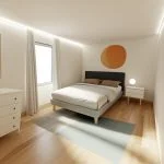 A bedroom with an accent color, featuring wooden floors and a soft blue rug under the bed. The room includes a white chest of drawers on one side, grey curtains at a large window on another wall, a modern black frame for the headboard, and a colorful painting above it. A small nightstand is placed near the bedside table. Bright LED lights hang from the ceiling. Rendered in Blender software, capturing the natural light coming through the windows. --ar 101:80 --style raw --profile d7lhgju --dref https://s.mj.run/5q3zpLYt99E --stylize 350 --v 6.1 Job ID: 0fa5e0ba-1a14-4325-bc19-a3fe85df206c