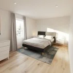 A bedroom with an accent color, featuring wooden floors and a soft blue rug under the bed. The room includes a white chest of drawers on one side, grey curtains at a large window on another wall, a modern black frame for the headboard, and a colorful painting above it. A small nightstand is placed near the bedside table. Bright LED lights hang from the ceiling. Rendered in Blender software, capturing the natural light coming through the windows. --ar 101:80 --style raw --profile d7lhgju --dref https://s.mj.run/5q3zpLYt99E --stylize 350 --v 6.1 Job ID: 4f8de80f-5057-4a10-bb36-df3fa7e1c49a