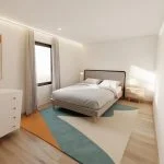 A bedroom with an accent color, featuring wooden floors and a soft blue rug under the bed. The room includes a white chest of drawers on one side, grey curtains at a large window on another wall, a modern black frame for the headboard, and a colorful painting above it. A small nightstand is placed near the bedside table. Bright LED lights hang from the ceiling. Rendered in Blender software, capturing the natural light coming through the windows. --ar 101:80 --style raw --profile d7lhgju --dref https://s.mj.run/5q3zpLYt99E --stylize 350 --v 6.1 Job ID: 6db98525-c2dd-4f1b-80bd-ef1023a46c64